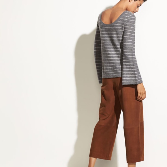 VINCE NWT 100% CASHMERE STRIPED BELL SLEEVE HEATHER STONE/STERLING SWEATER. XS - Picture 3 of 15